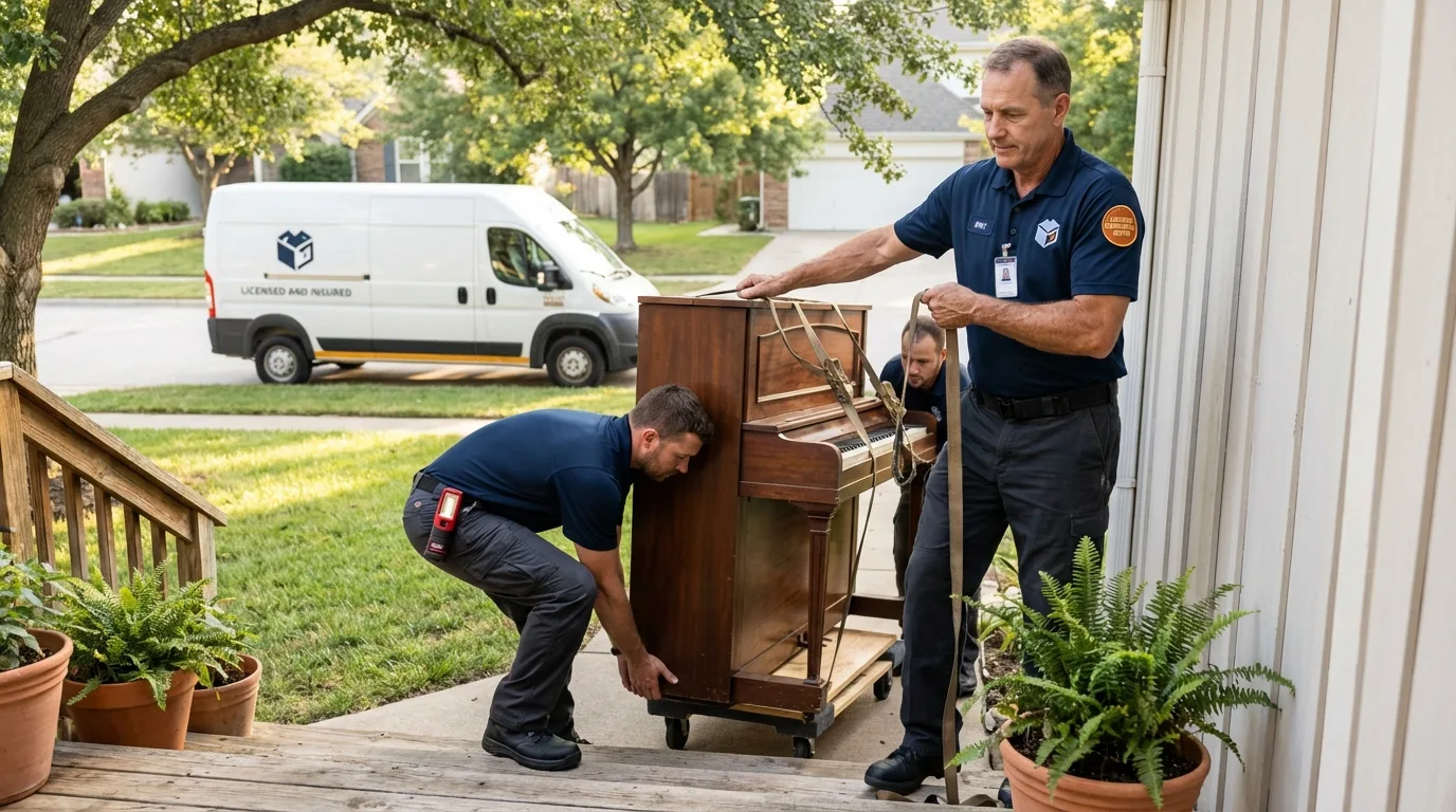 Licensed piano movers securing grand piano in Winthrop, MN