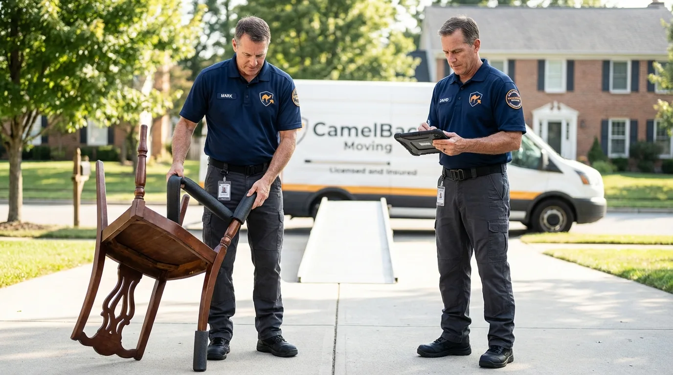 Movers inspecting furniture for damage prevention before loading in Winthrop, MN