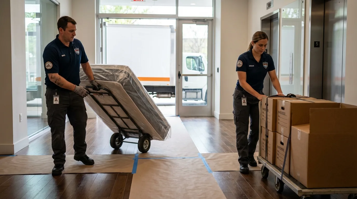 Professional apartment movers loading elevator in Winthrop, MN